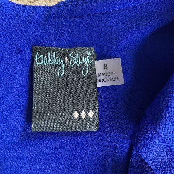 Gabby Skye Size 8 Blue Maxi Dress Puff Sleeve Tie Waist Faux Wrap NWOT - Picture 4 of 8
